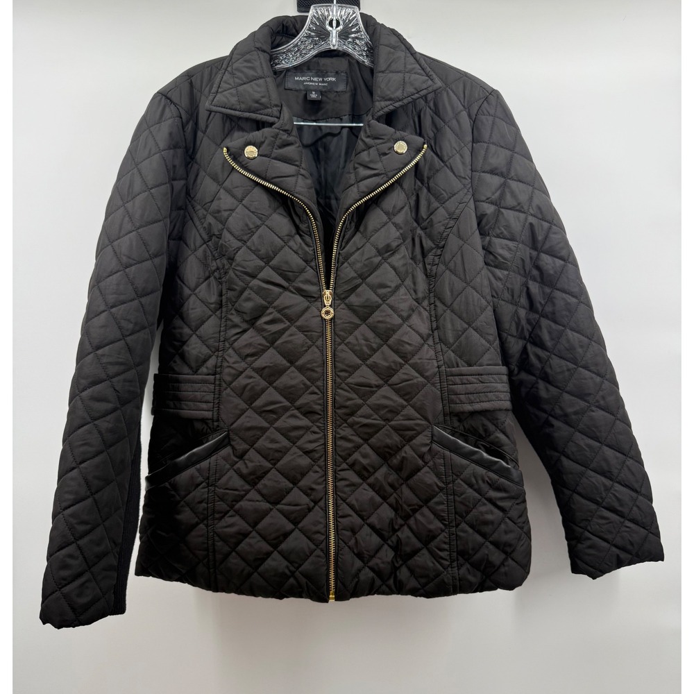 Marc New York Andrew Marc Black Quilted Moto Jacket Gold Zip Women Medium